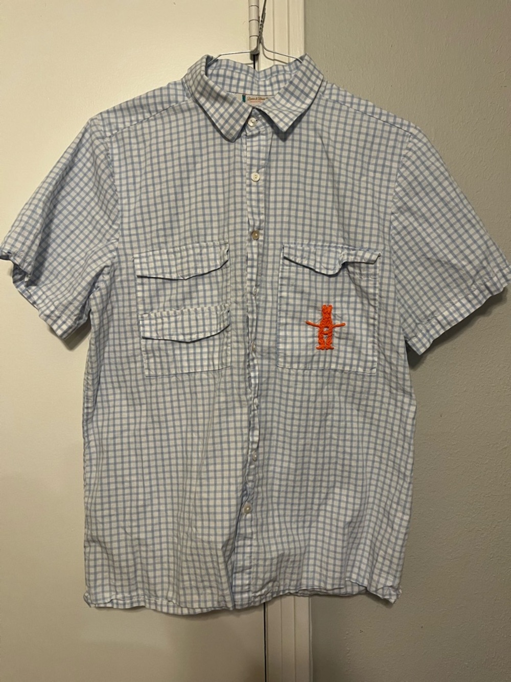 Houston Rodeo Branded Men's S/S Light Blue Checkered Fishing Shirt Size M